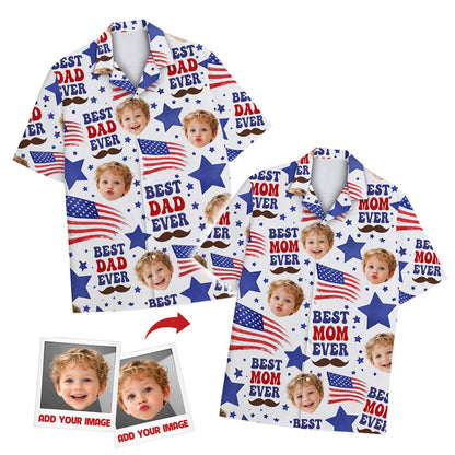 Front view of the white custom photo hawaiian shirt with blue stars and red text