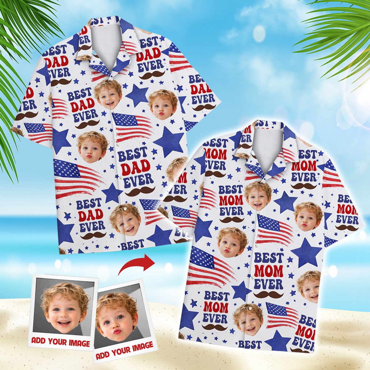 Lifestyle view of a family wearing the matching family hawaiian shirts outdoors