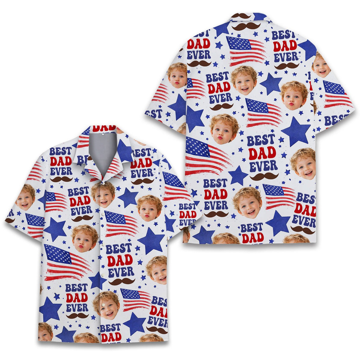 Second front view of the matching family hawaiian shirt with patriotic design