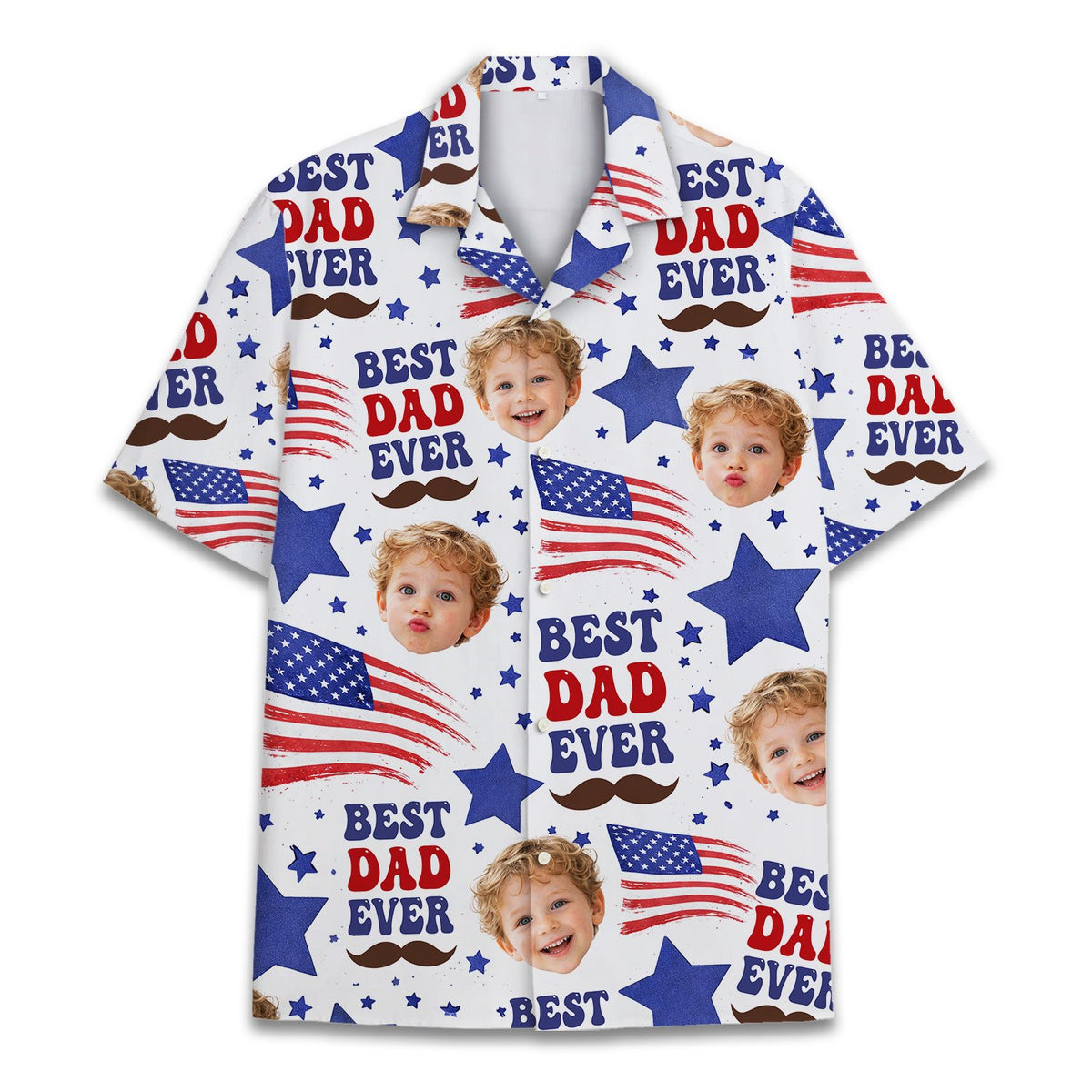 Main view of the patriotic family Hawaiian shirt featuring a custom photo cutout and American flags