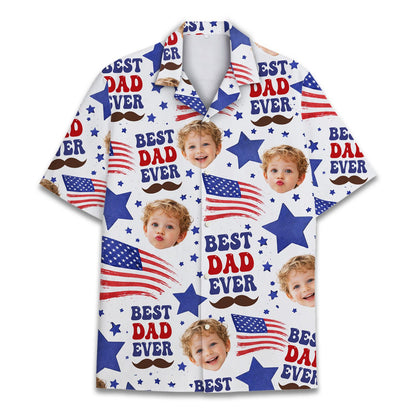 Main view of the patriotic family Hawaiian shirt featuring a custom photo cutout and American flags