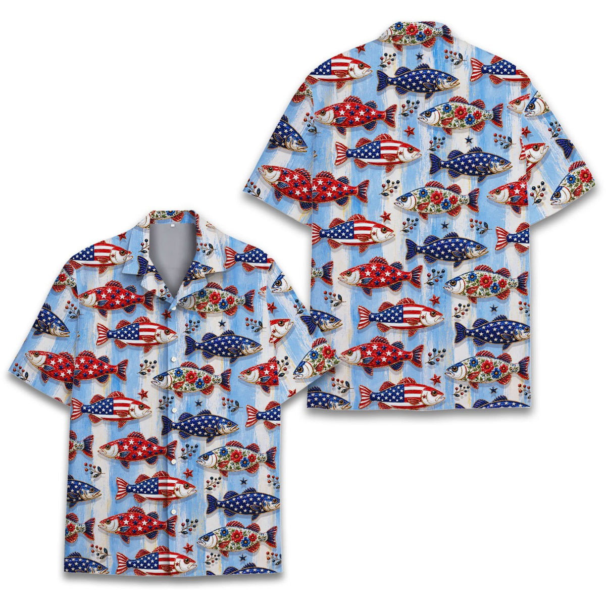 Front view of the patriotic fishing hawaiian shirt featuring fish decorated with the American flag