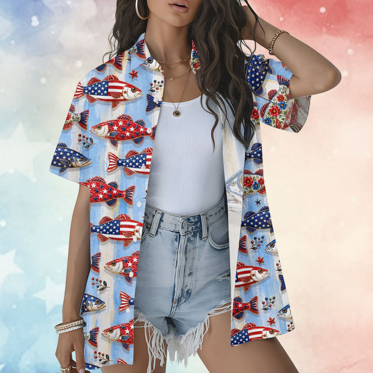 Lifestyle shot of the fourth of july hawaiian shirt in a casual setting