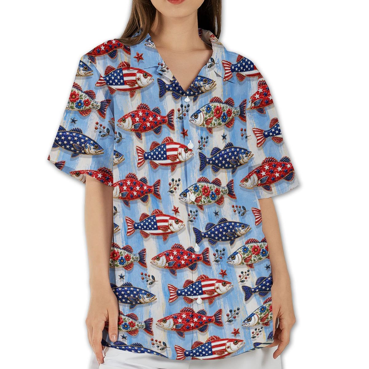 Lifestyle view demonstrating the comfortable fit of the fishing hawaiian shirt