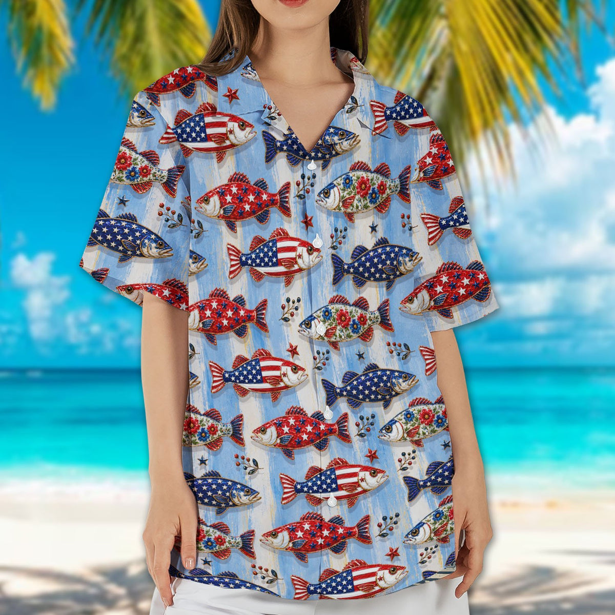 Final lifestyle view of the patriotic fishing hawaiian shirt in action
