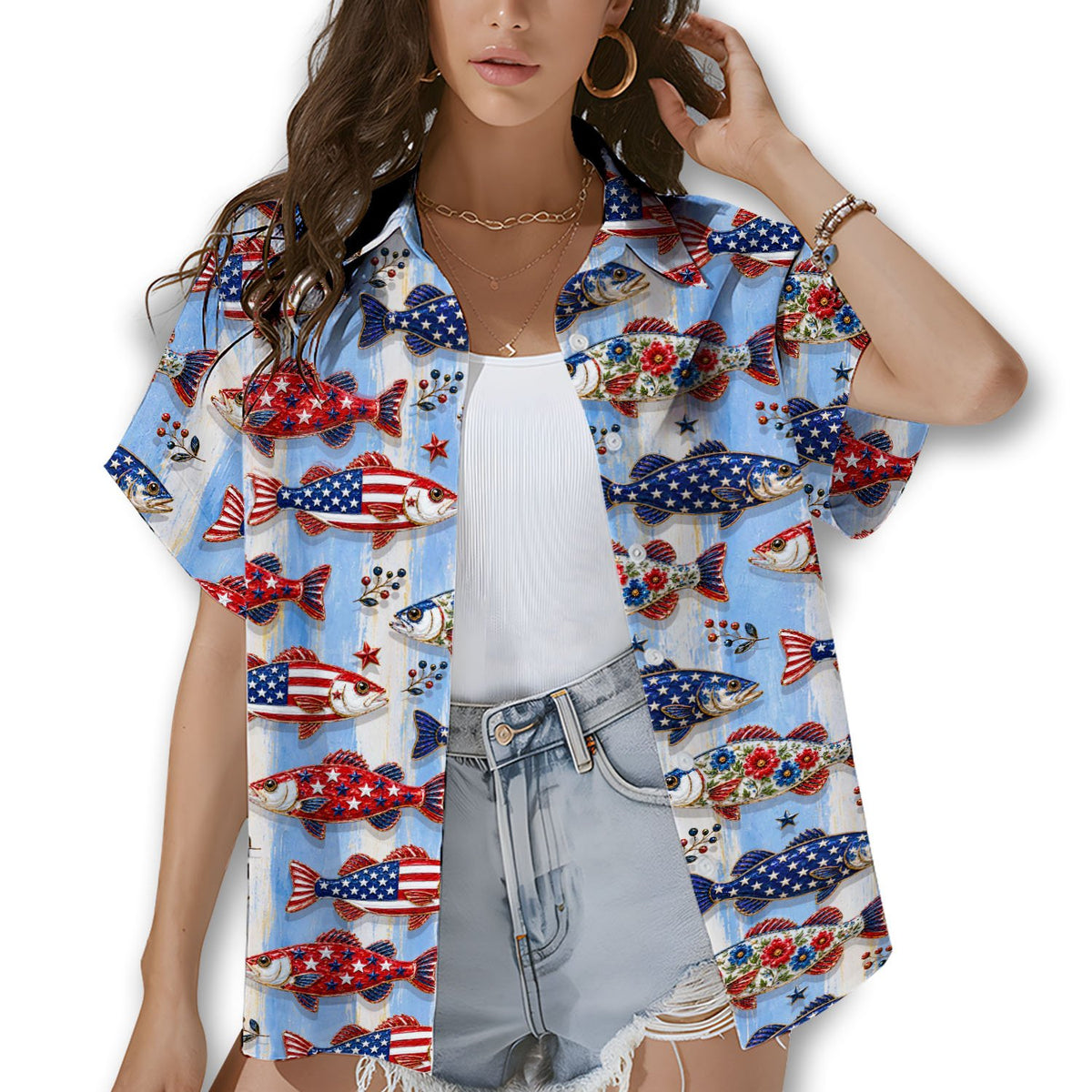Lifestyle view of a family wearing matching family hawaiian shirts with the patriotic fishing design