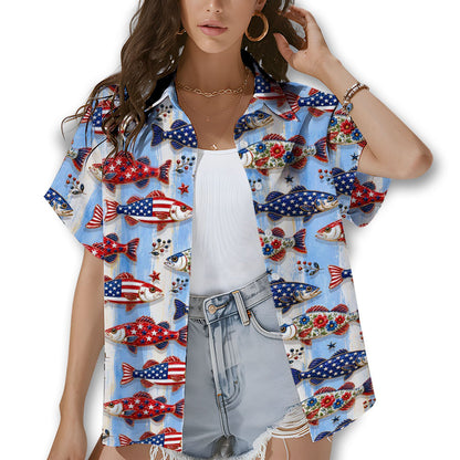 Lifestyle view of a family wearing matching family hawaiian shirts with the patriotic fishing design