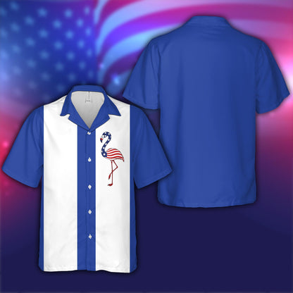 Front view of the matching family hawaiian shirts featuring a patriotic flamingo graphic
