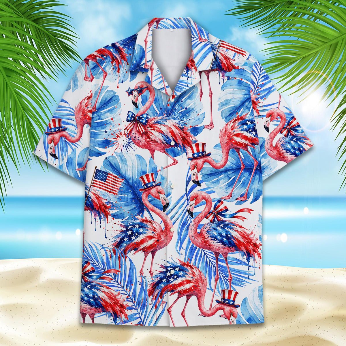 Patriotic flamingo hawaiian shirt family matching, front view 2