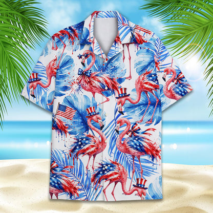 Patriotic flamingo hawaiian shirt family matching, front view 2