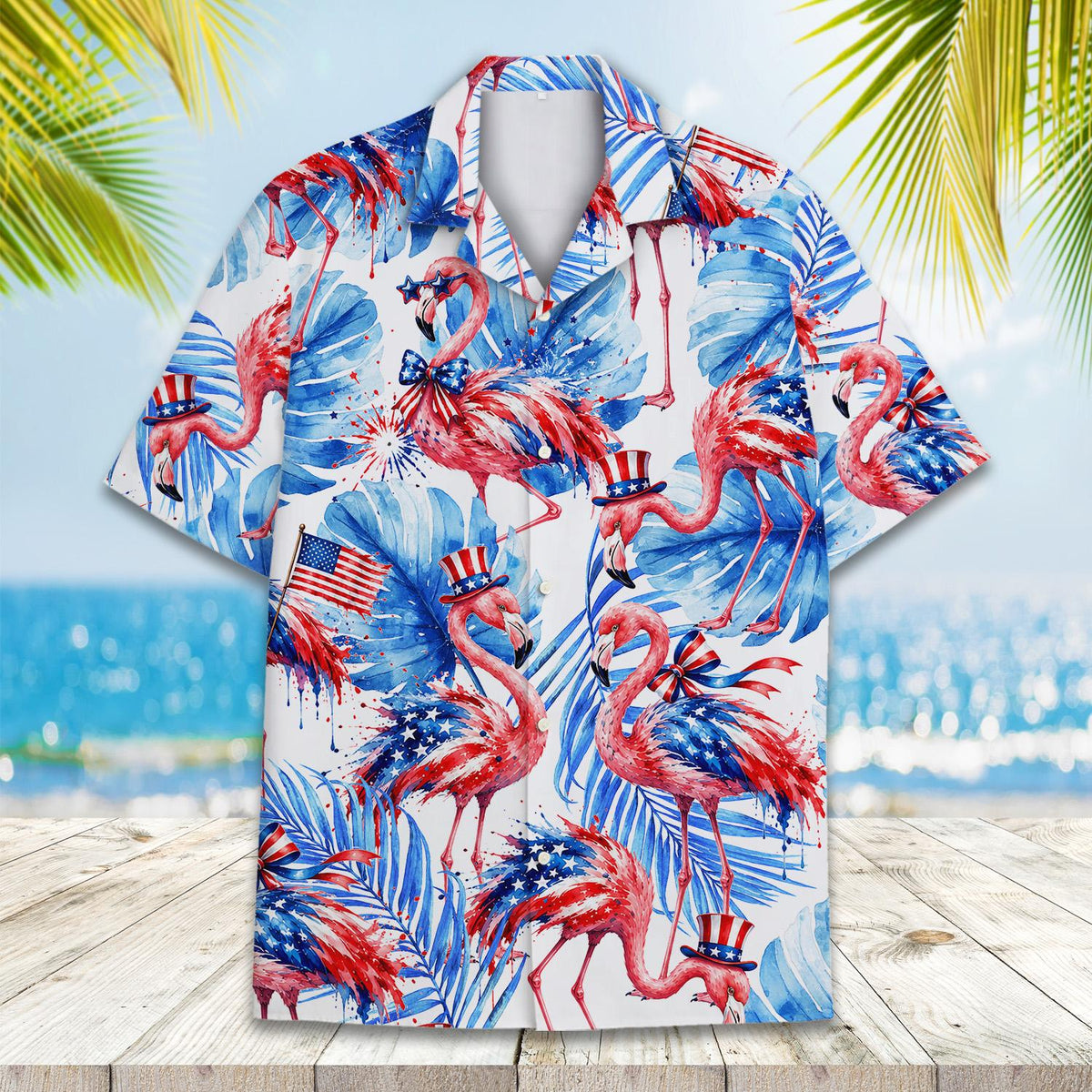 Patriotic flamingo hawaiian shirt tropical design, front view 3