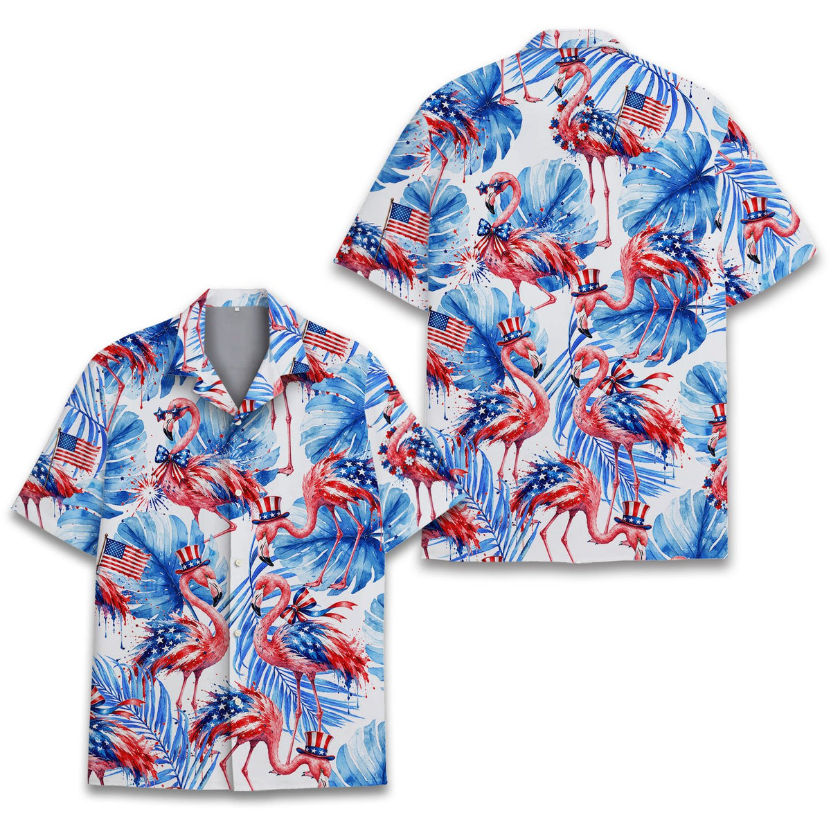 Patriotic flamingo hawaiian shirt for Fourth of July, front view 4
