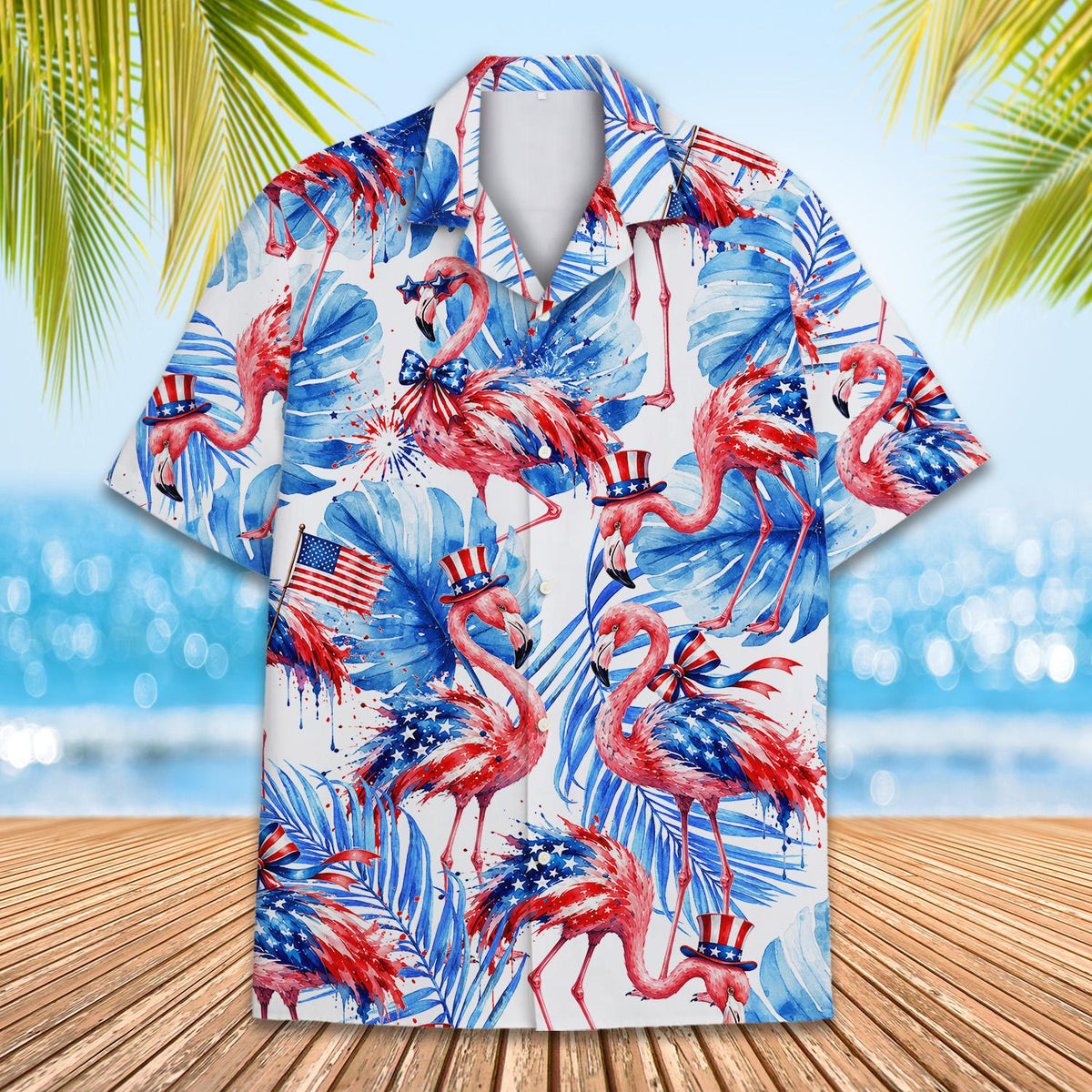Patriotic flamingo hawaiian shirt, front view
