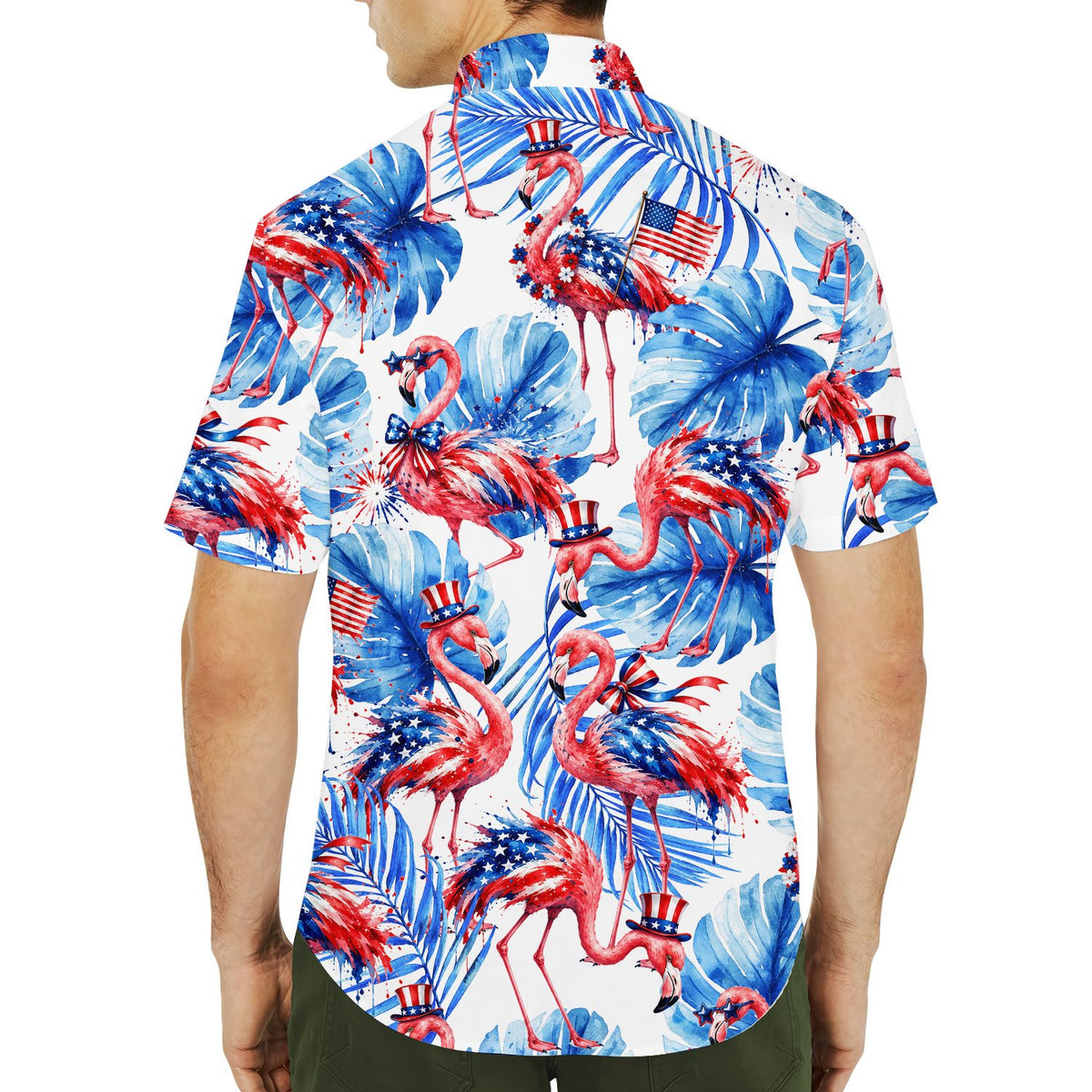 Family matching outfits patriotic flamingo hawaiian shirts, lifestyle view 2