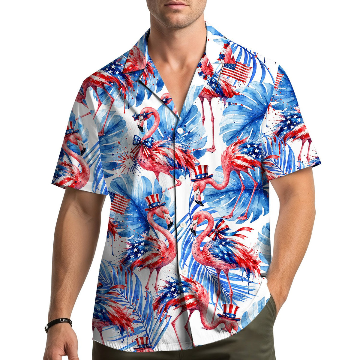 Family wearing patriotic flamingo hawaiian shirts, lifestyle view