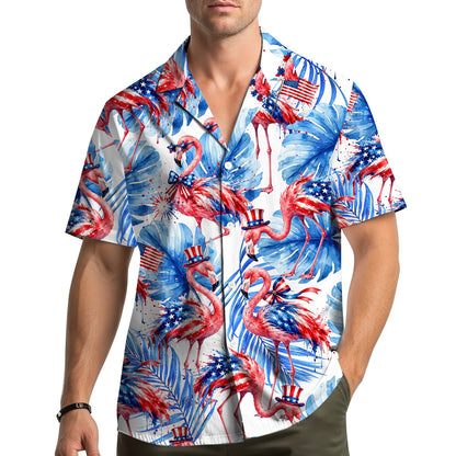 Family wearing patriotic flamingo hawaiian shirts, lifestyle view