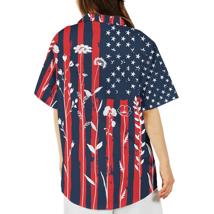Men's patriotic hawaiian shirt featuring distressed flag and floral motif, back angle view