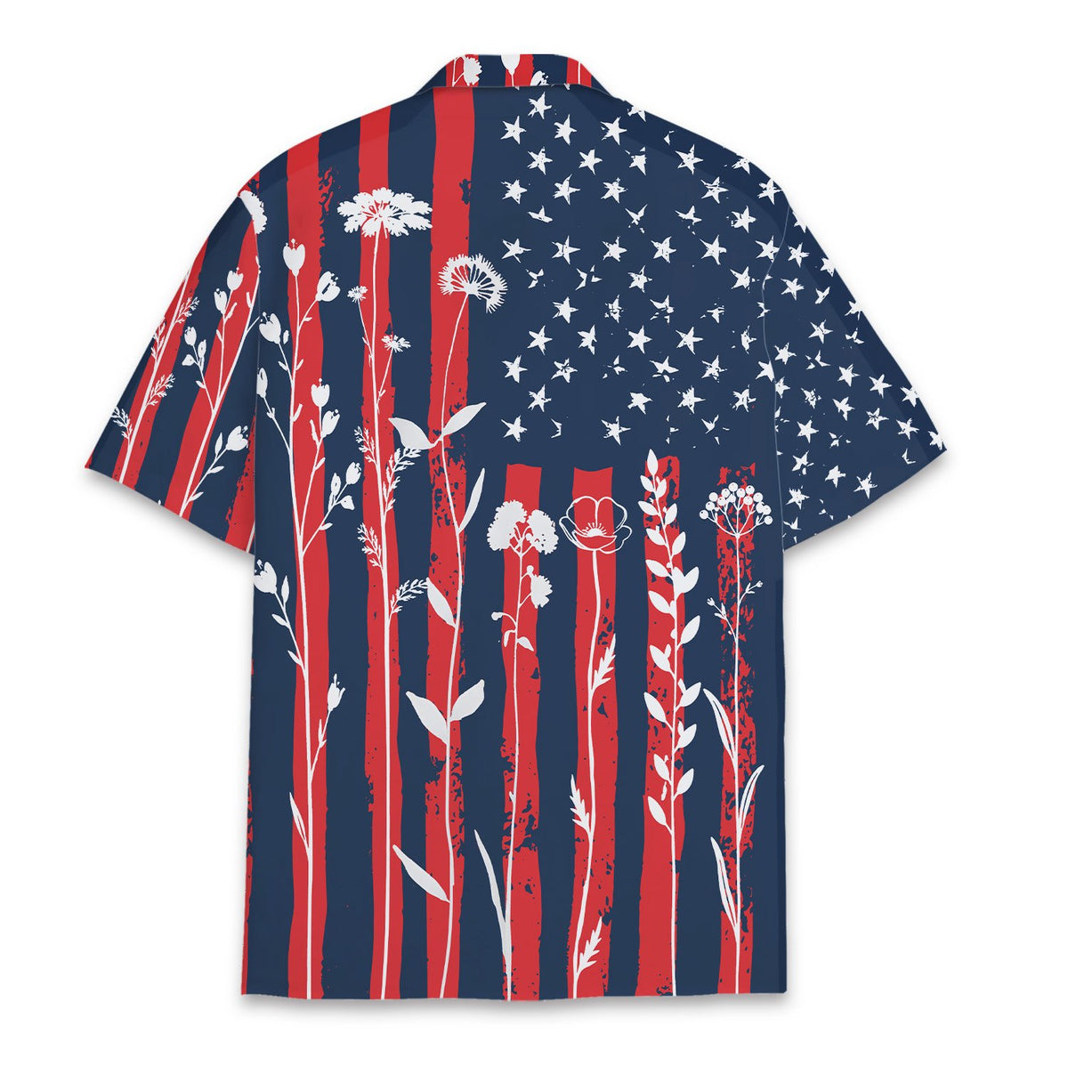 Men's patriotic hawaiian shirt featuring distressed flag and floral motif, detailed back view