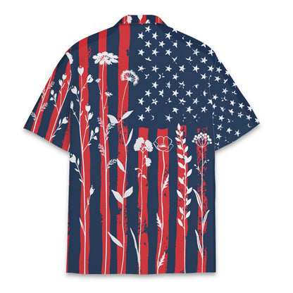 Men's patriotic hawaiian shirt featuring distressed flag and floral motif, detailed back view