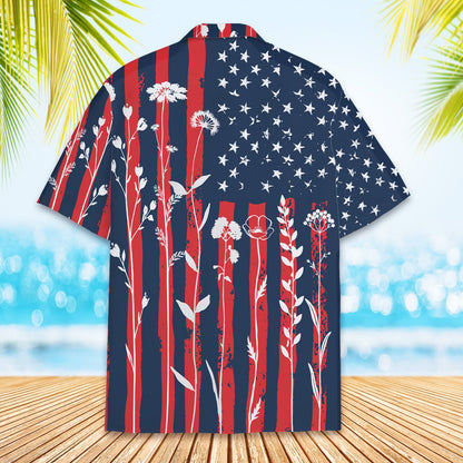 Men's patriotic hawaiian shirt featuring distressed flag and floral motif, back view