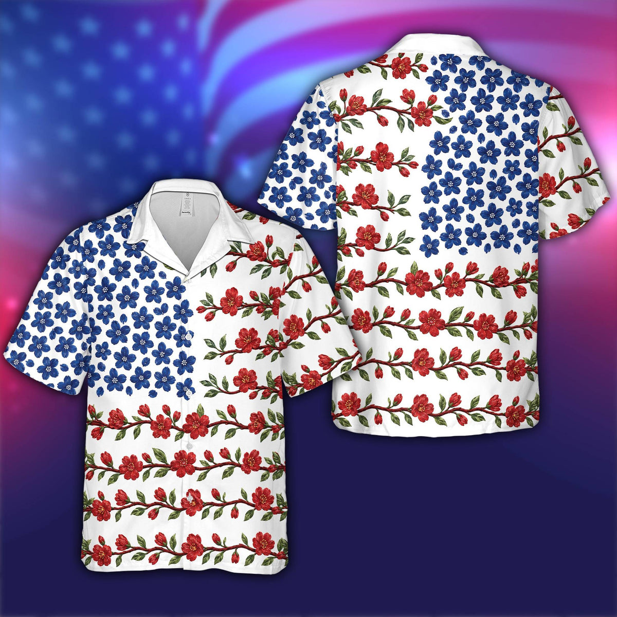 White patriotic hawaiian shirt with red and blue floral design, main view