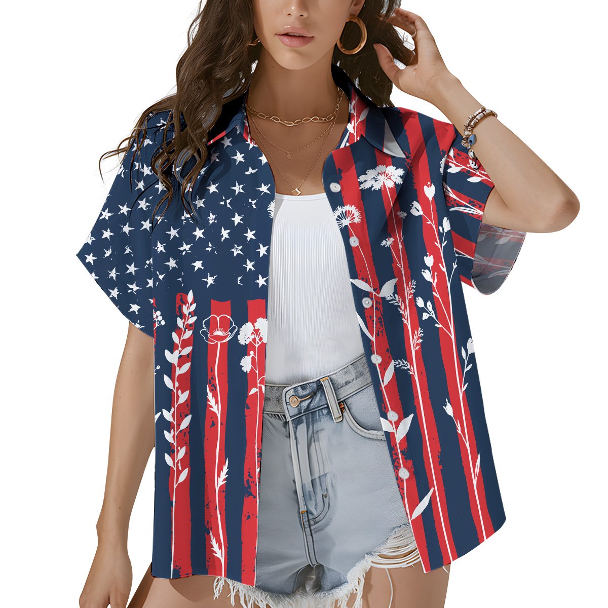 Men's patriotic hawaiian shirt featuring distressed flag and floral motif, front angle view