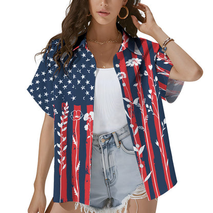 Men's patriotic hawaiian shirt featuring distressed flag and floral motif, front angle view