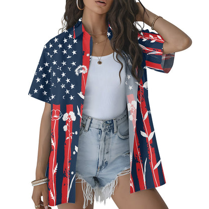 Men's patriotic hawaiian shirt featuring distressed flag and floral motif, detailed front view