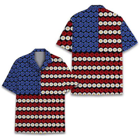 Patriotic floral Hawaiian shirt with American flag flower design, main view
