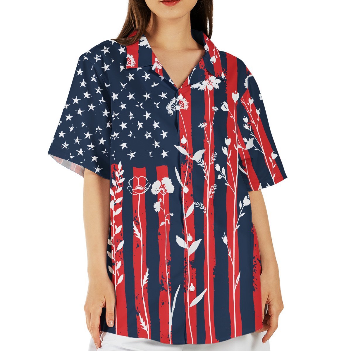 Men's patriotic hawaiian shirt featuring distressed flag and floral motif, front view