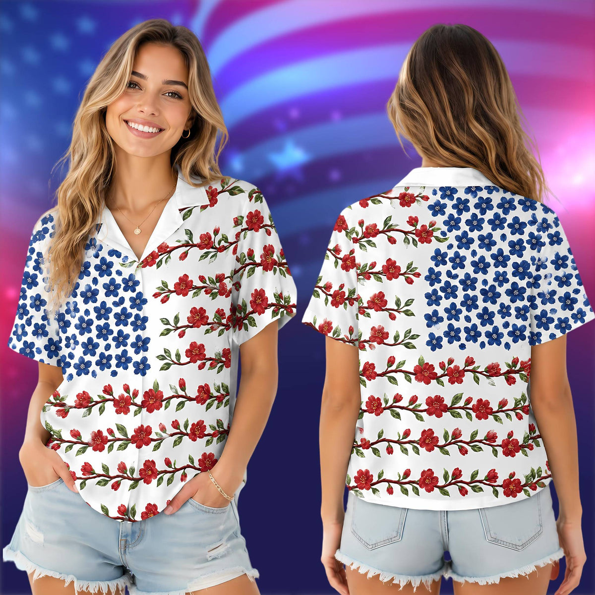 Lifestyle view of people wearing matching family hawaiian shirts with patriotic floral design