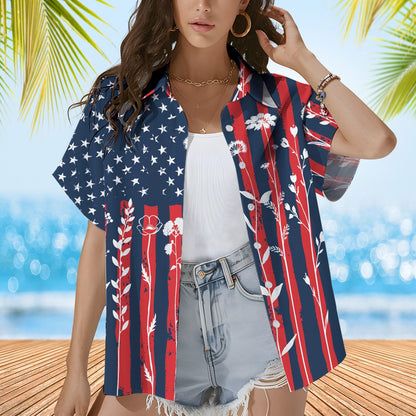 Second lifestyle view of someone wearing the matching family hawaiian shirts in a patriotic floral design