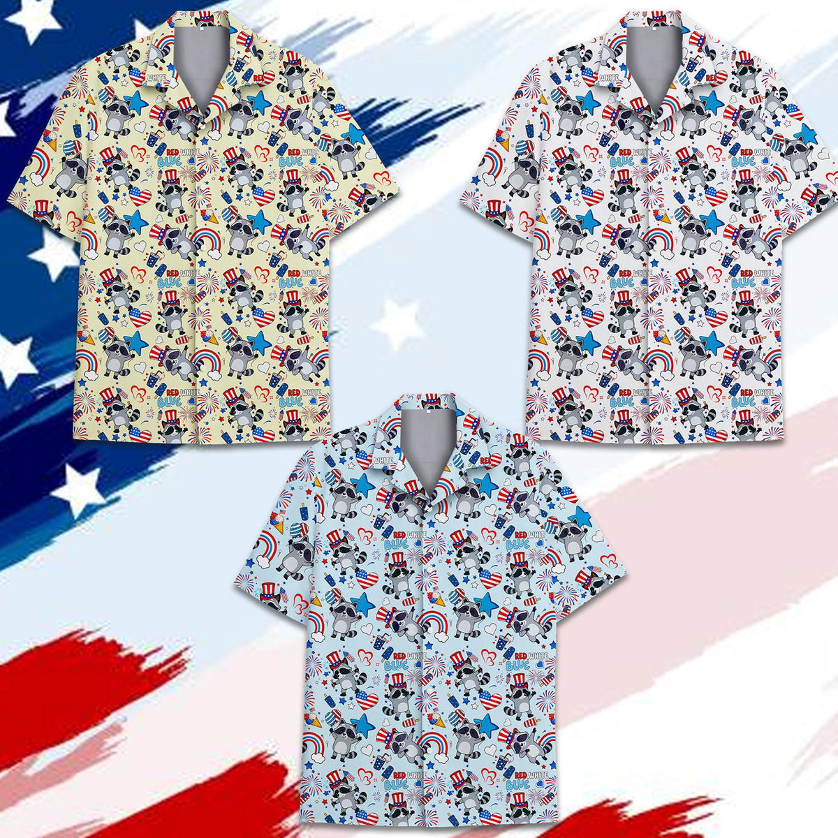 Front view of patriotic hawaiian shirt with raccoons and stars