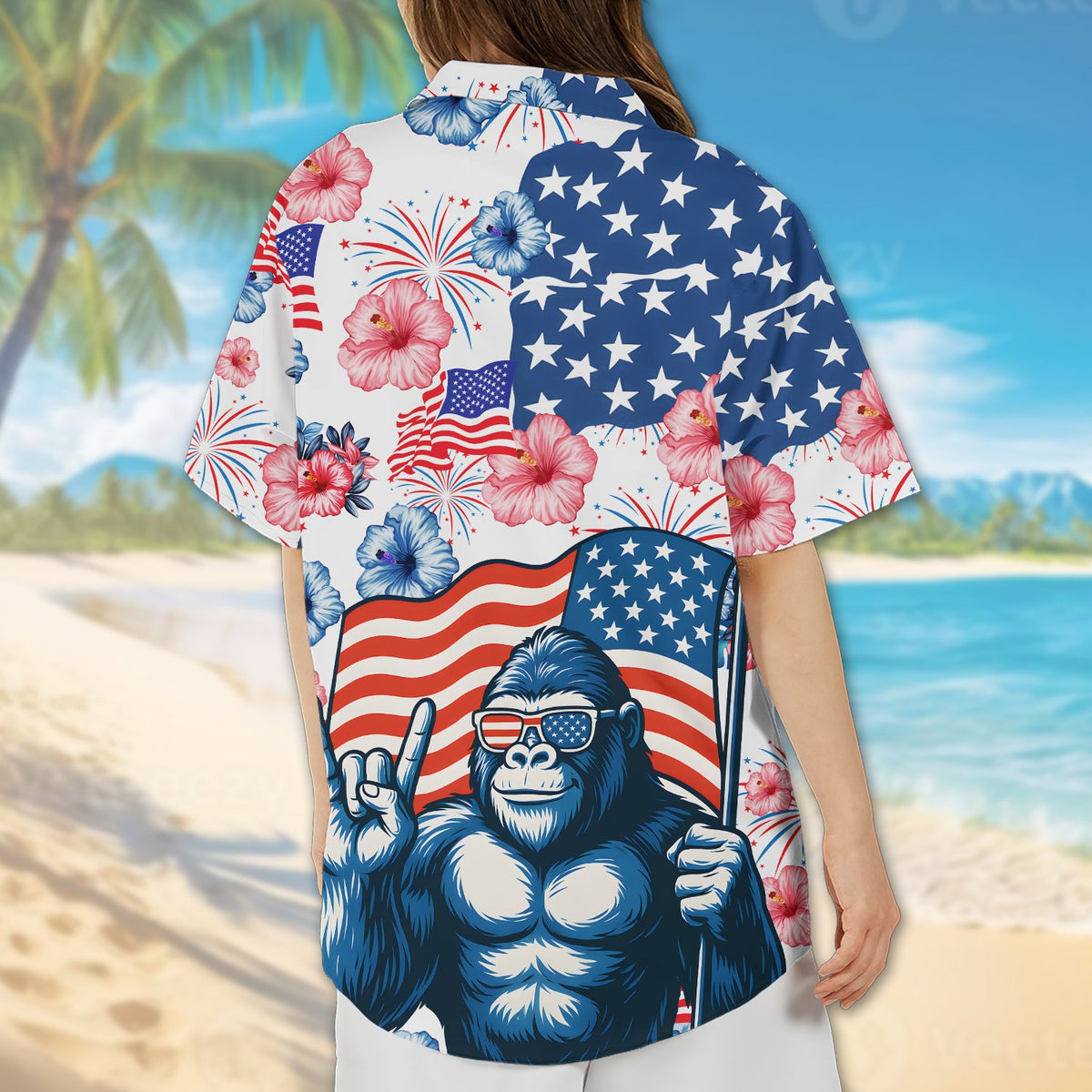 Alternate back view of the patriotic gorilla hawaiian shirt