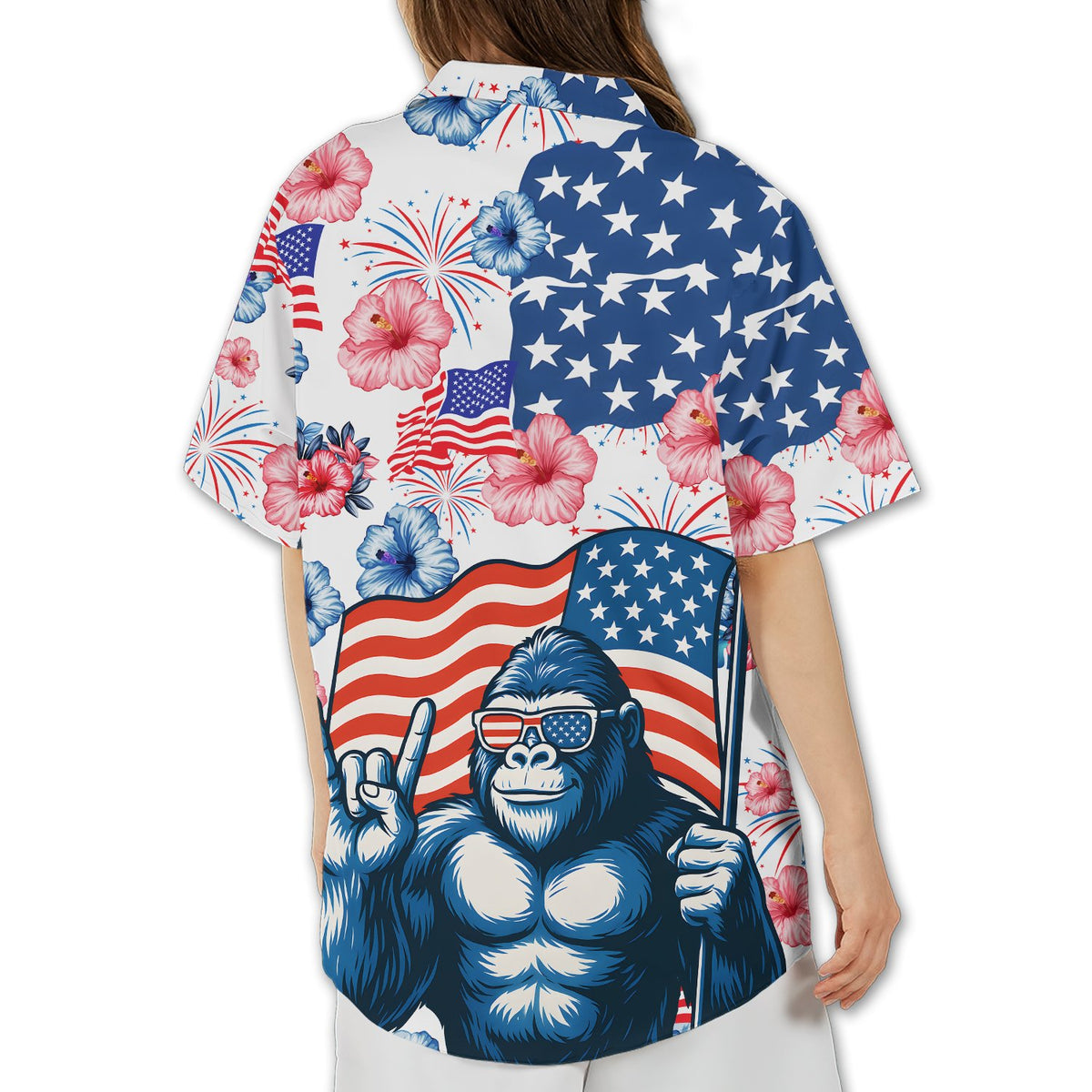 Back view of the matching family hawaiian shirt showing the large gorilla illustration