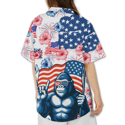 Back view of the matching family hawaiian shirt showing the large gorilla illustration