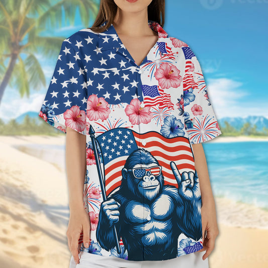 Main view of the patriotic gorilla hawaiian shirt featuring an American flag and fireworks design