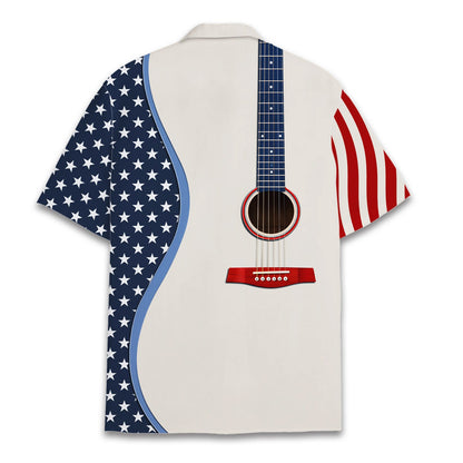 Back view of the patriotic guitar hawaiian shirt in beige