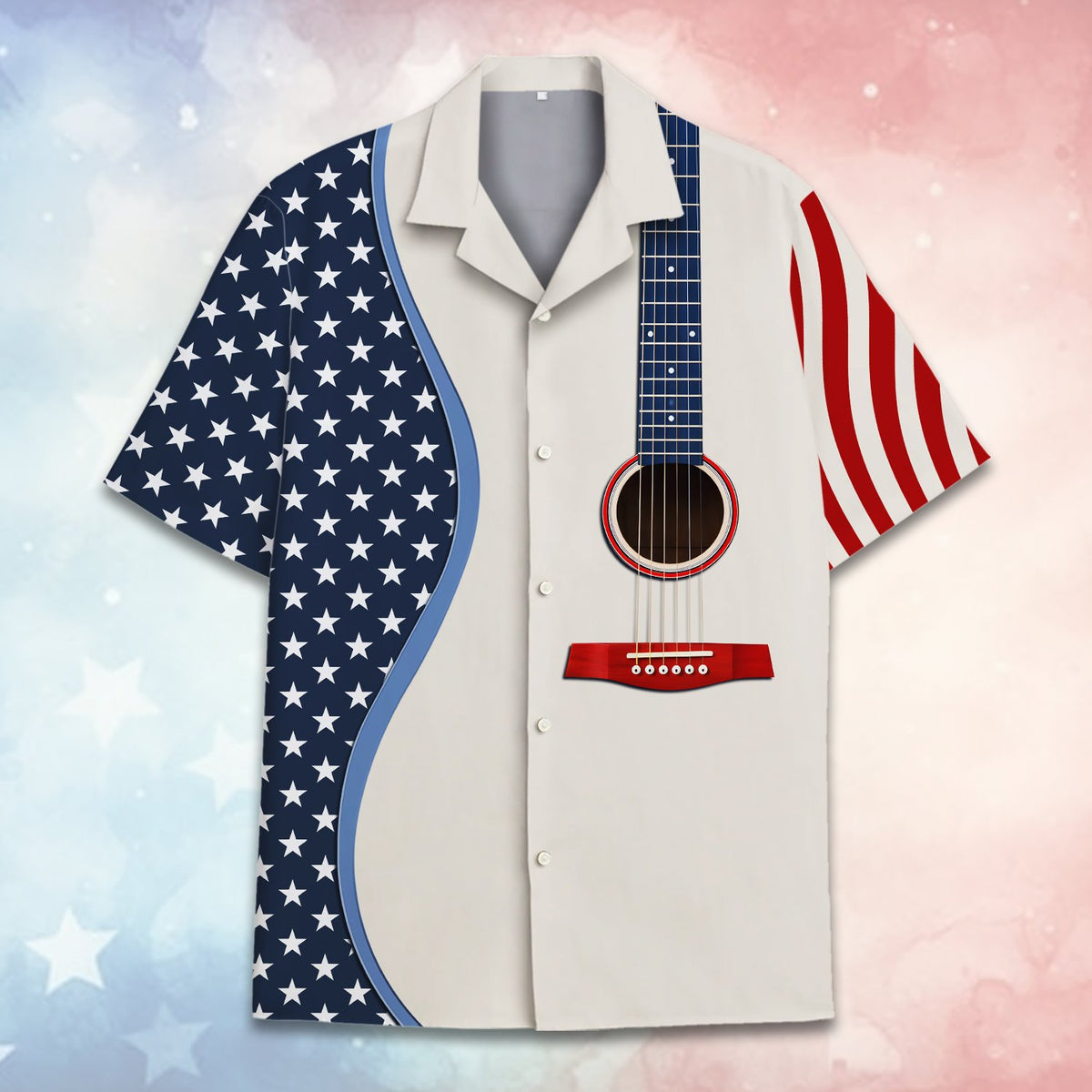 Alternate front view of the matching family hawaiian shirt with guitar strings and stars