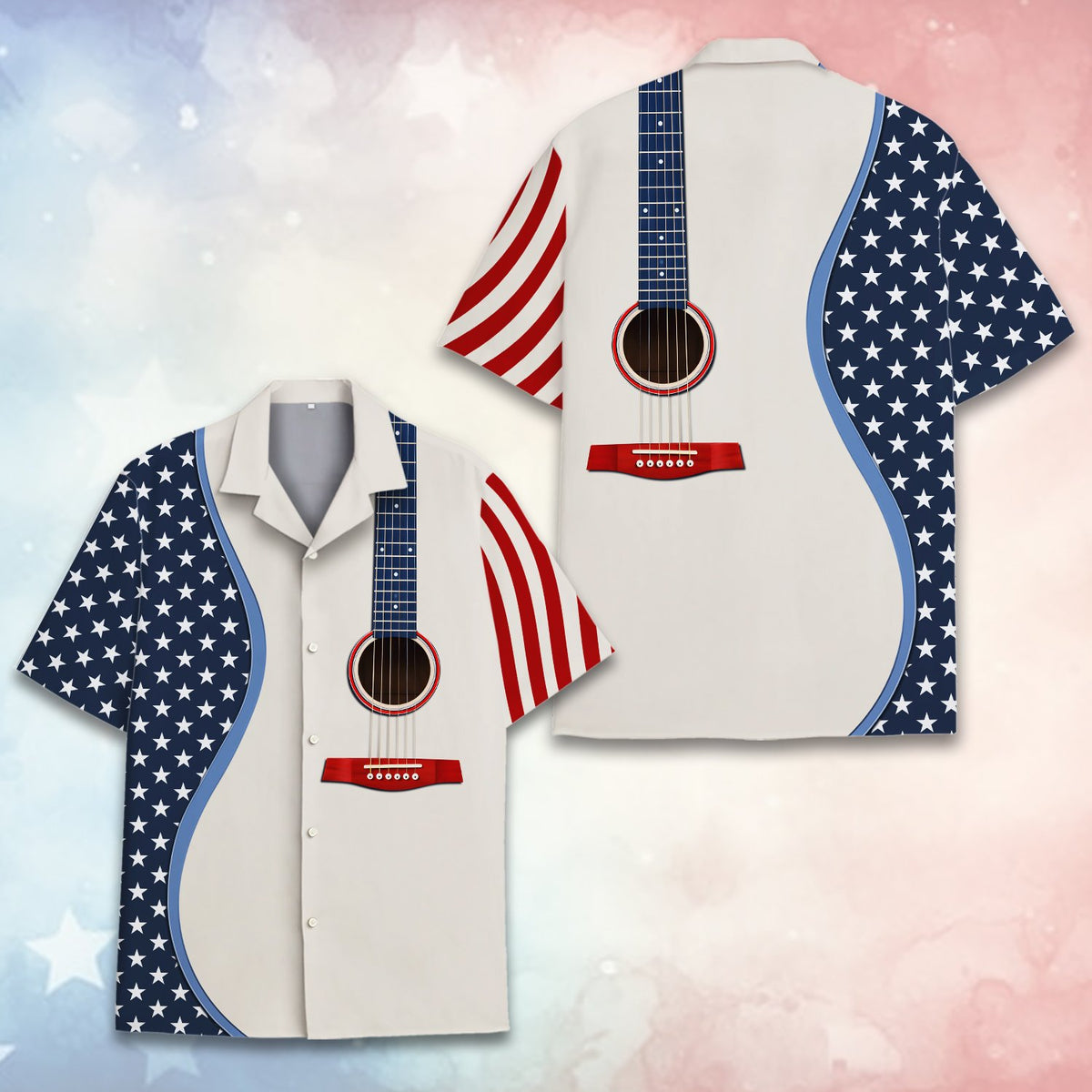 Close-up front view of the patriotic guitar hawaiian shirt showing the red and white striped sleeve