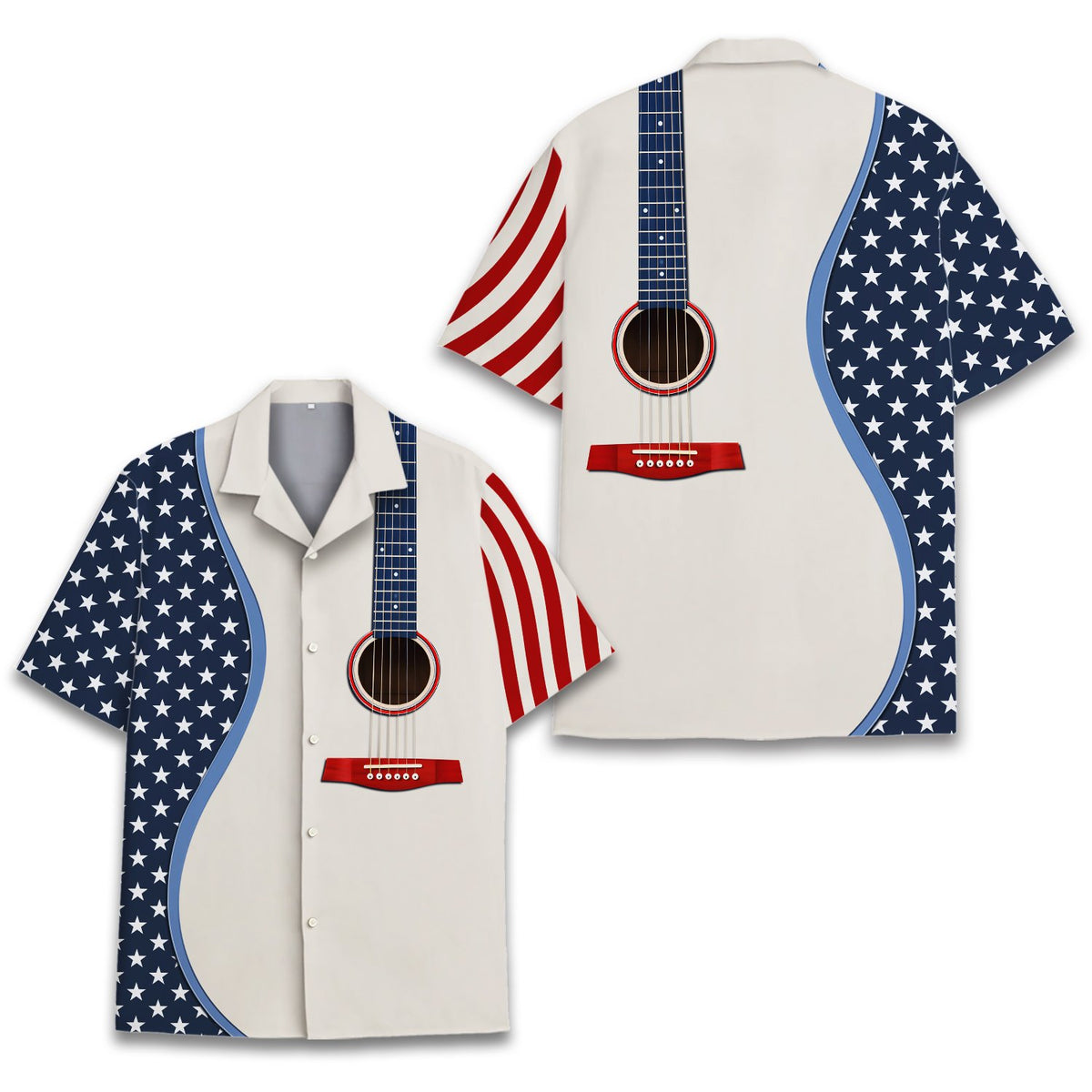 Front view of the beige patriotic guitar hawaiian shirt