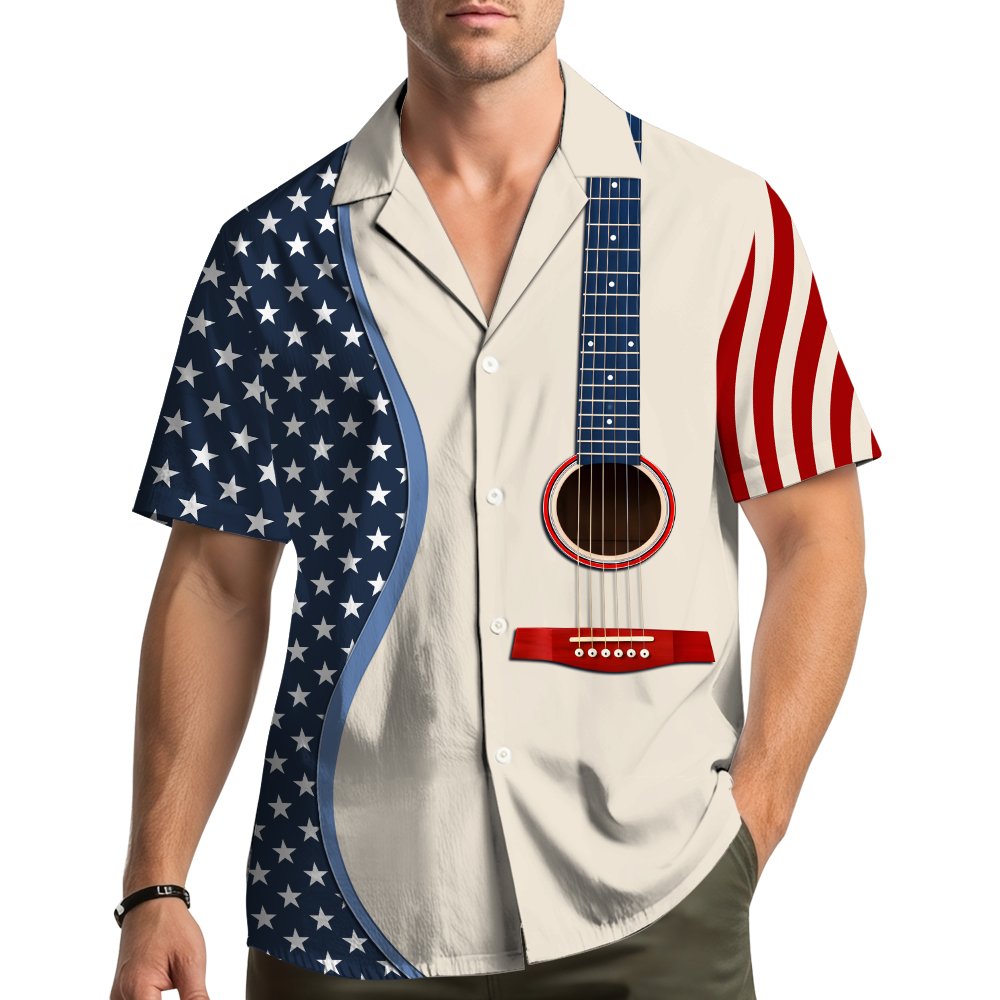 Lifestyle view of a person wearing the patriotic guitar hawaiian shirt
