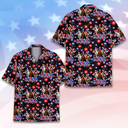 Alternate front view of the holiday hawaiian shirt with fireworks design