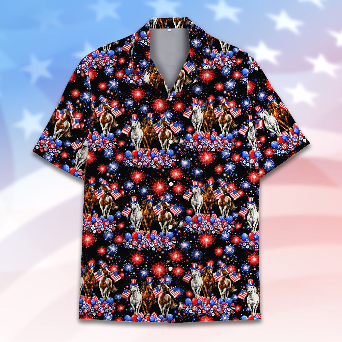 Front view of the patriotic horses hawaiian shirt