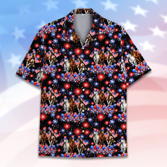 Matching family hawaiian shirt featuring patriotic horses on a black background, main view