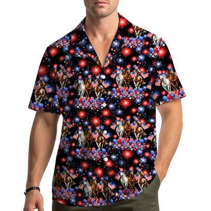 Lifestyle view of someone wearing the patriotic horses hawaiian shirt