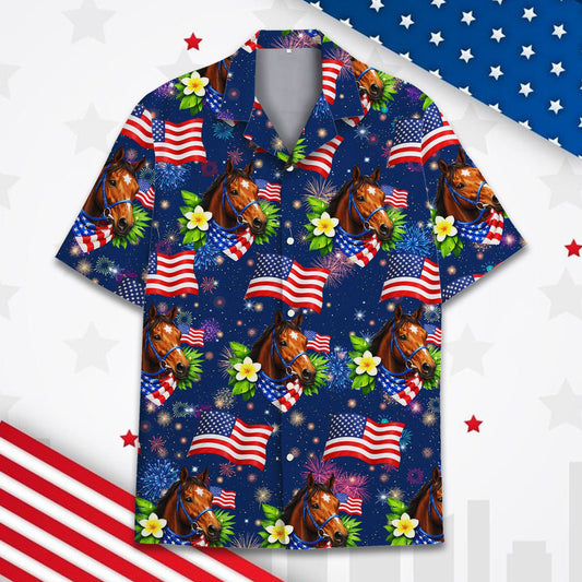 Main view of the matching family hawaiian shirts featuring a patriotic horses design