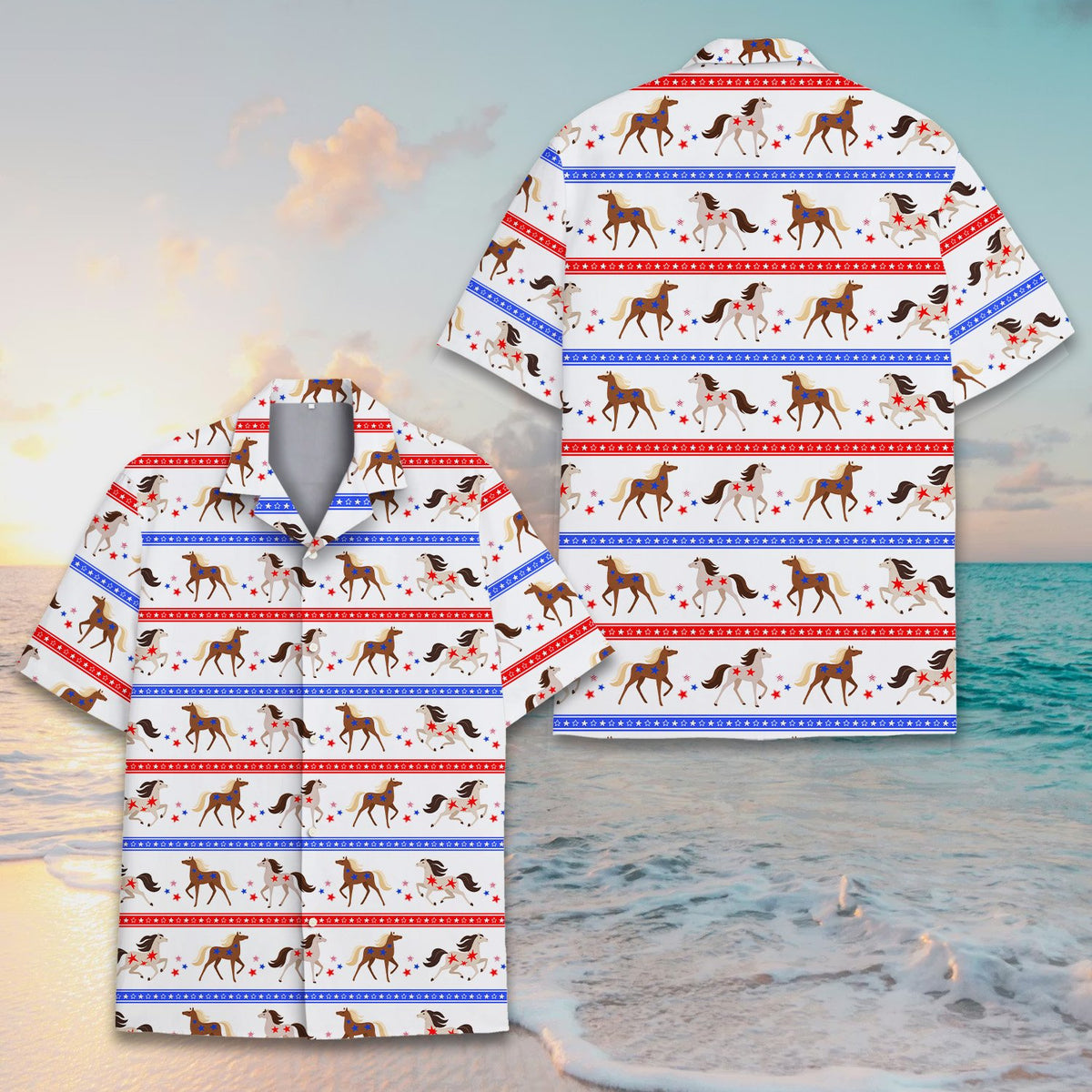 Another front view of the patriotic horses hawaiian shirt