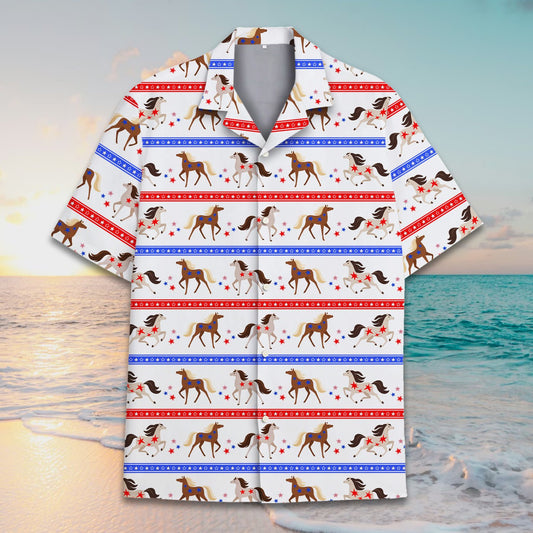 Main view of the patriotic horses hawaiian shirt on a white background