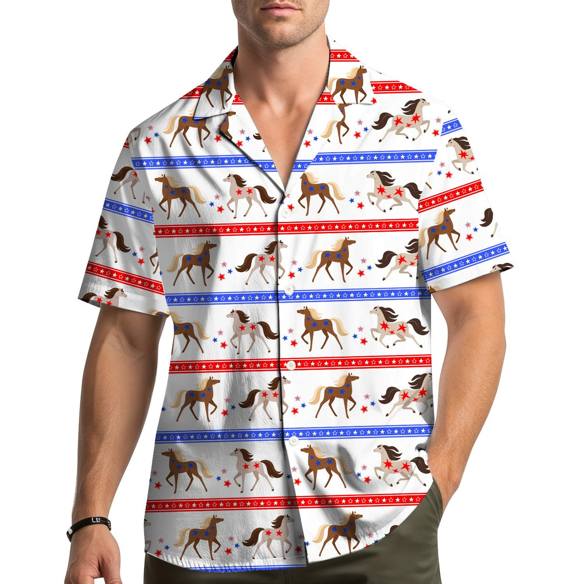 Second lifestyle view featuring the patriotic horses hawaiian shirt